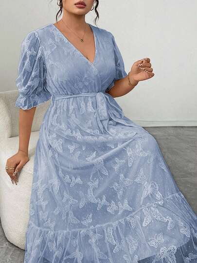 Modelyn Vestido elegante de manga abullonada con escote en V y superposición de malla con mariposa para mujer de talla grande