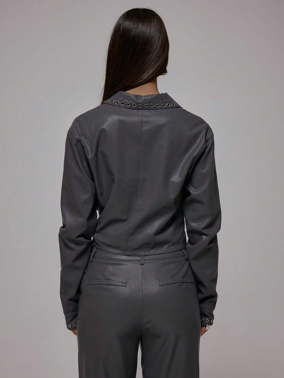 Eyelet Trim Collar Tie Side Waist Pu Leather Shirt Fall Autumn Streetwear Cool Girl Y2K Everyday Casual Sepia Spring Summer Holiday