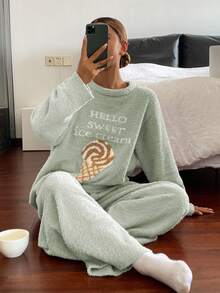 DAZY 2pcs Ice Cream Print Fleece Knit Loose Pajama Set For Women, Autumn/Winter - Mint Green - View 7