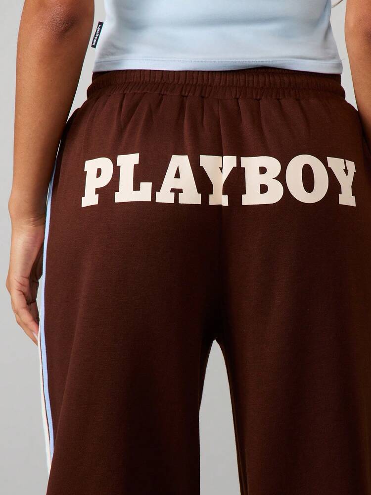 Missguided x Playboy Women's Wide Leg Side Stripe Joggers With Drawstring Waist And Relaxed Fit For Casual Comfort
