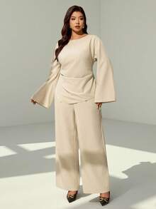 Auralis Plus Size Women's Elegant Office Beige Two Piece Set,Autumn Boat Neck Bell Sleeve Ruched Blouse&Extra Long Straight Leg Wide Leg Pants Modest Outfit - Apricot - View 6