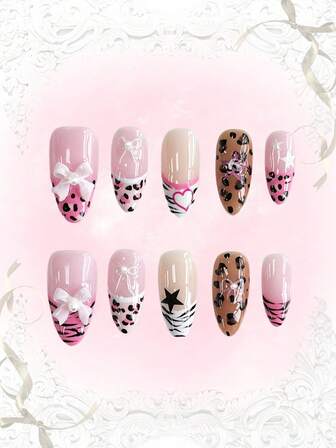 Anime 10 pezzi Unghie finte di alta qualità con fiocco carino, nota musicale, elemento a stella, realizzate a mano + 3 pezzi di adesivo biadesivo, Adesivi per arte di unghie rimovibili con catena di strass stile francese Y2K a pois, adatti per vacanze, feste, ballo e uso quotidiano