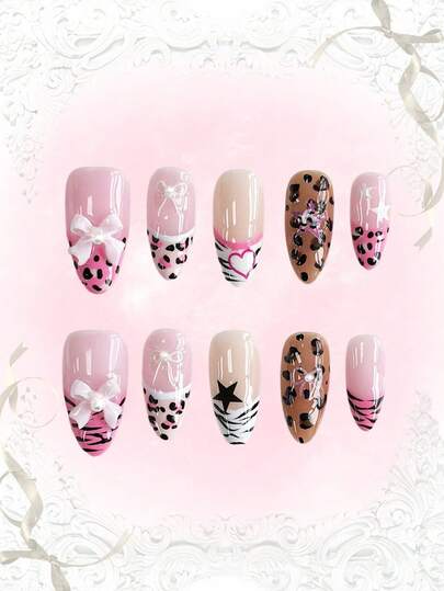 Anime 10pcs Cute Bowknot Music Note Star Element High Quality Handmade False Nails + 3pcs Double-Sided Adhesive, Y2K French Style Rhinestone Chain Polka Dot Removable Nail Art Stickers, Suitable For Holidays, Parties, Dancing And Daily Wear