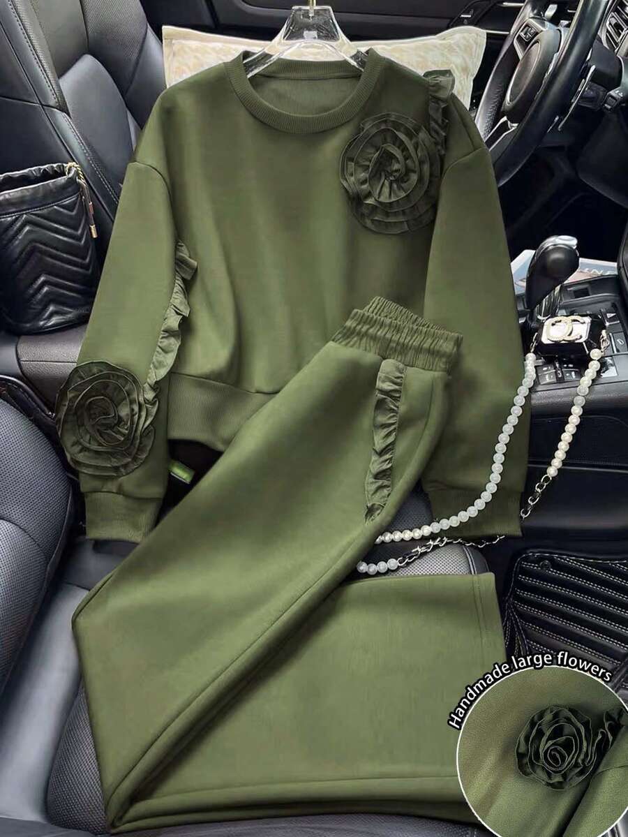 SHEIN 2 件套女士连帽运动衫和慢跑裤套装，时尚秋冬装 - 軍綠色 - 查看 1