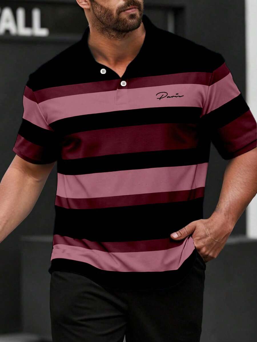 Manfinity Homme Plus Size Men's Striped Short Sleeve Casual/Business Polo Shirt - Multicolor - View 1
