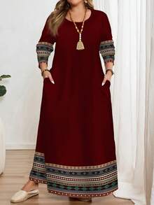 EMERY ROSE Casual Geometric Print Bohemian Style Plus Size Long Sleeve Crew Neck Dress, Suitable For ,Spring/Summer/Vacation - Multicolor - View 3
