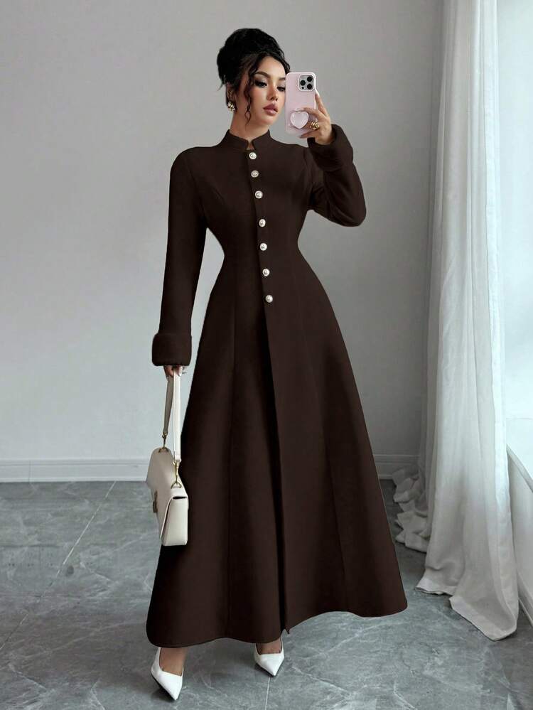 Elenzga New Women's Stand Collar Long Sleeve Faux Rabbit Fur Cuff Splice Double-Sided Woolen Fabric Open Front Design Waist A-Line Casual Daily Versatile Young Elegant Ladies Wool Long Coat, Autumn/Winter - Coffee Brown - View 7