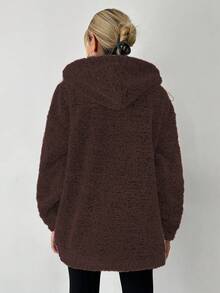 EURMUSE Women's Letter Pattern Drop Shoulder Long Sleeve Zip-Up Half Placket Casual Loose Sweatshirt, Autumn/Winter - Chocolate Brown - View 2
