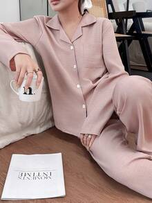Dream Adore Women's Pink Plain Pajama Set Long Regular Sleeves Lapel Neck Casual Woven Fabric With Pockets Long Pant Sleepwear