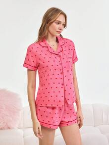 Bonmuse Bộ đồ ngủ mùa hè in hình trái tim nhỏ 2 món cho nữ, áo sơ mi cài nút tay ngắn và quần short, đồ mặc nhà thường ngày cho mùa hè., Bộ đồ hai món - Màu Hồng  San hô - Xem 5