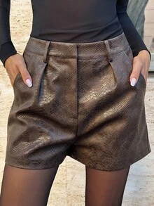 SHEIN PETITE CURVE Plus Size Fold Pleated Pocket Casual Shorts - Brown - View 6