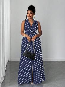 Maweii Vestido casual de punto con diseño de rayas y retorcido para mujer de talla grande - Azul Marino - Ver 3