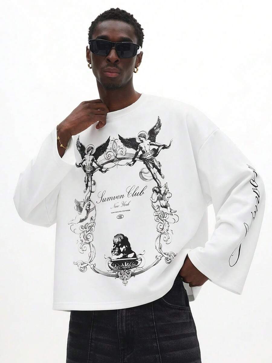 SUMWON Men T-Shirts,Printed Long Sleeve T-Shirt - Fresh White Design With Cool Racing Elements, Comfortable And Breathable, Perfect For Street Fashion And Everyday Casual Wear, Must-Have Fashion Item - White - View 1