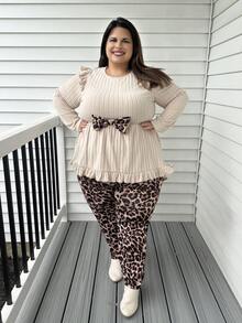 Enliva 大码女士西装，蝴蝶结西装，可爱西装，蝴蝶结女士套装外出服装春季，猎豹印花休闲西装 - 杏色 - 查看 10