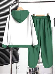 2 件青少年男孩休闲简约长袖连帽运动衫套装，适合秋冬季，经典足球图案印花 - 彩色 - 查看 3