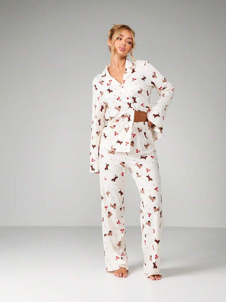MISSGUIDED Cute Puppy Print Pajama Lounge Set With Long Sleeve Button Front Top And Full Length Elastic Waist Pants Perfect For Cozy Nights