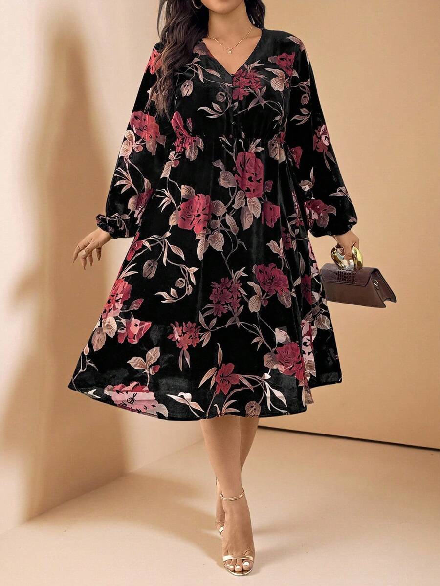 SHEIN LUNE 大码V领长袖落肩印花宽松腰身连衣裙 - 彩色 - 查看 1