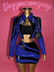 Slaydiva 2025秋季新款万圣节生日派对宴会学院风学生日常休闲邮轮旅行爆款街头风性感夜店Y2K朋克赛车摩托车灵感女装两件套：长袖修身外套+紧身迷你裙，黑黄PU印花，秋冬款 - 寶藍色 - 查看 11