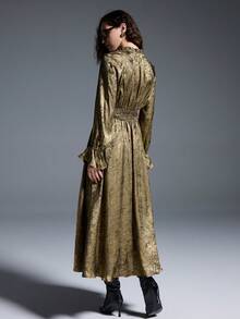 MYSTAURA Gaun Wanita Kerah Mandarin Lengan Raglan Manset Flare, Elegan & Modis - Emas - View 2