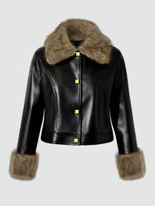 GlowEve CURVE Plus Size Faux Fur Collar PU Leather Elegant Long Sleeve Jacket - Black - View 3