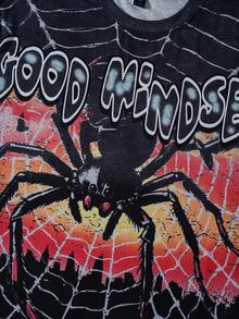 ROMWE MEN Men's Slogan & Spider Print Casual Round Neck Short Sleeve T-Shirt, Loose Fit - Black - View 3