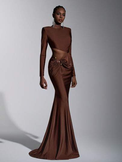 Elitara Elegant modeapokalyptisk chokladbrun stickad klänning med lång ärm i midjan, ihålig metallspänne, veckad, utsvängd fiskbenskant och fiskbenskant. Lämplig för modefester, galor, affärsevenemang, baler, tebjudningar och andra formella tillfällen för damer.