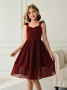 Tween Girls' Elegant, Classy, Burgundy Sleeveless V-Neck Ruffle Hem Dress With Metallic Threads, Waist Cinched Design, & Luxurious - Burgundy - View 5