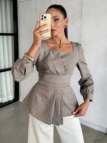 SHEIN Lavishia Áo cánh thường ngày xếp ly viền bất đối xứng màu trơn dành cho nữ - Màu Khaki - Xem 6