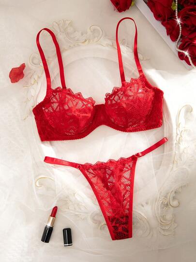 Women Kanten Splice Doorschijnende Underwire BH Plaid Panties Lingerie Set Bridallingerie view 4