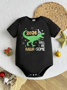 SHEIN Playful Pals Baby Boy Casual Letter & Dinosaur Print Short Sleeve Bodysuit, Suitable For Summer Outings, Home, New Year, Party - Black - View 3