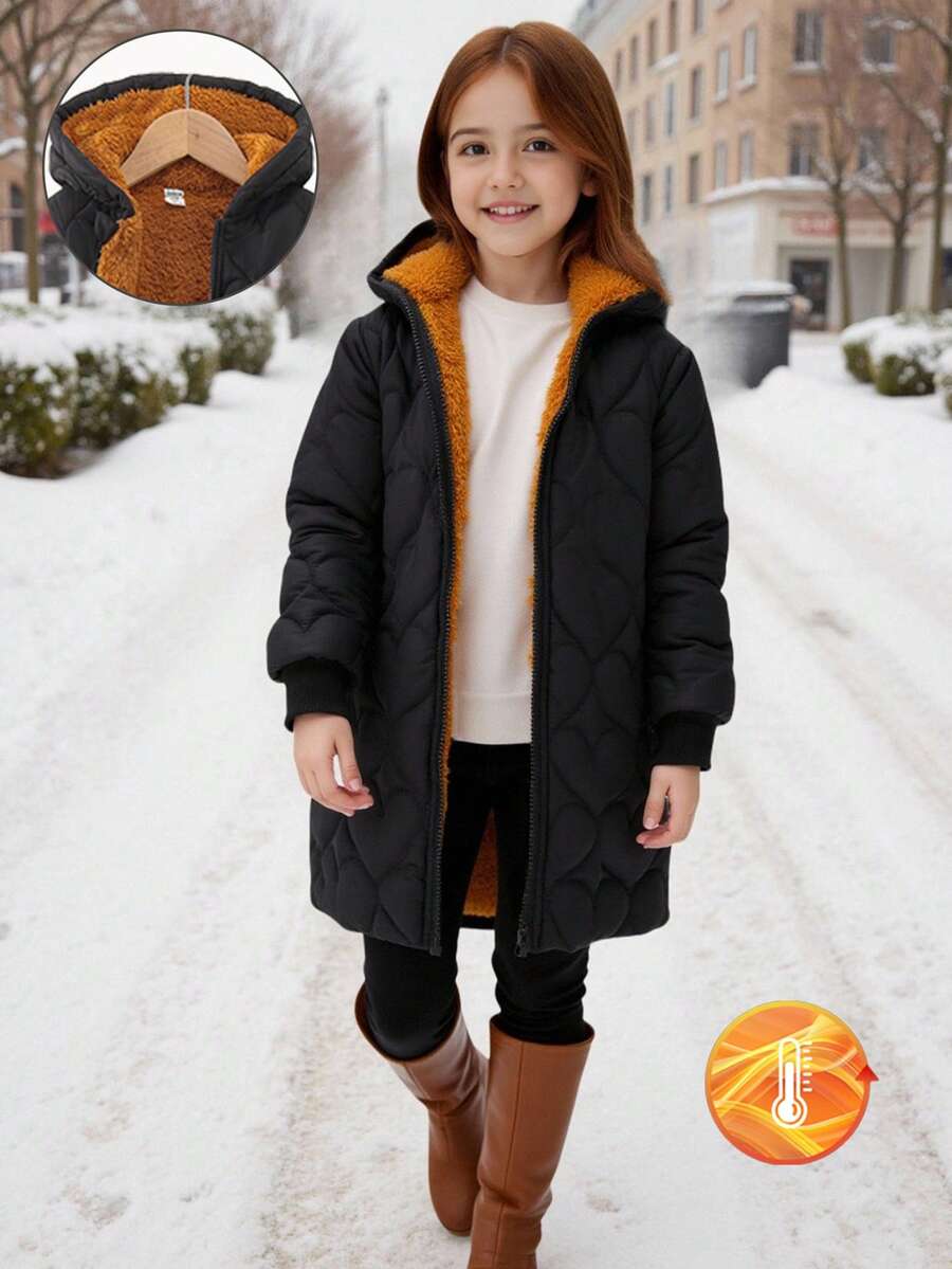 SHEIN Genkimix Kids Áo khoác có mũ trùm đầu, khóa kéo, lót lông mềm mại cho bé gái, áo khoác trẻ em, áo khoác mùa đông cho bé gái, áo khoác đen cho trẻ em - màu đen - Xem 1
