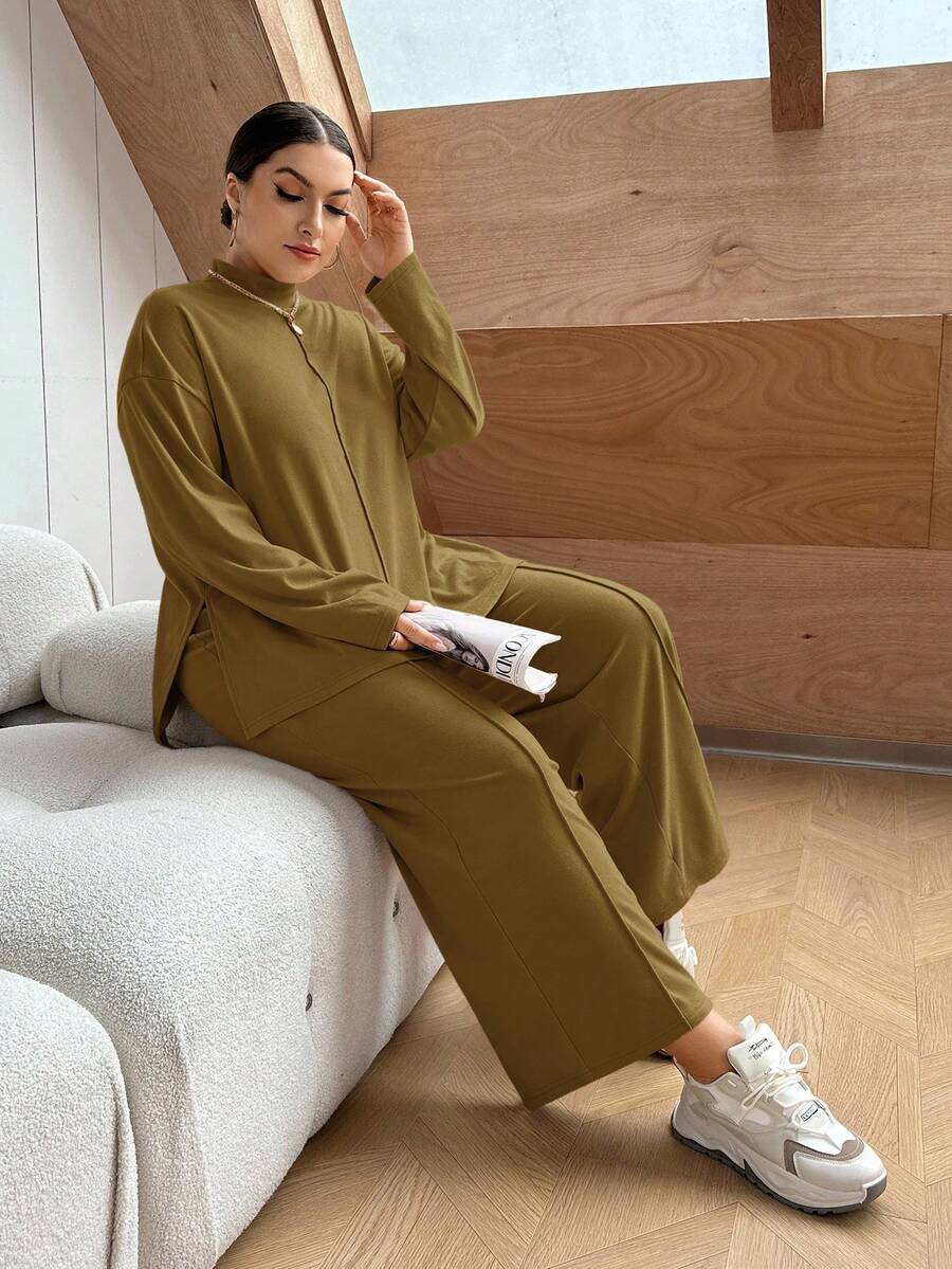 SHEIN Essnce 大尺碼女款休閒日常通勤簡約純色立領開衩下擺寬鬆T恤與寬腿褲兩件套,春秋款 - 駝色 - 查看 1