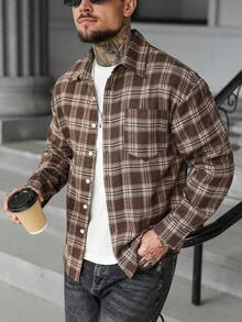 EGENSIO 男士格子长袖单排扣休闲口袋衬衫 - 棕色 - 查看 1