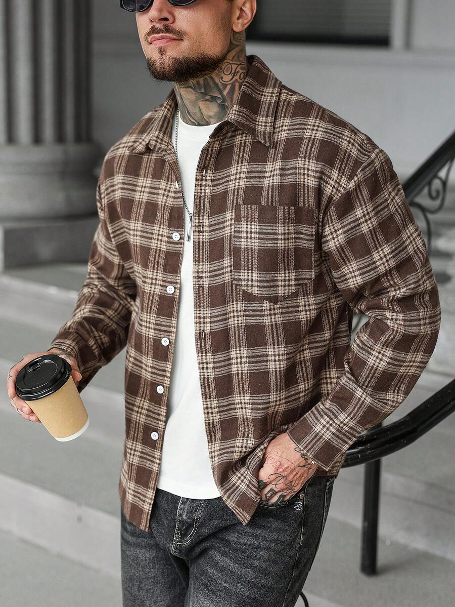 EGENSIO 男士格子长袖单排扣休闲口袋衬衫 - 棕色 - 查看 1
