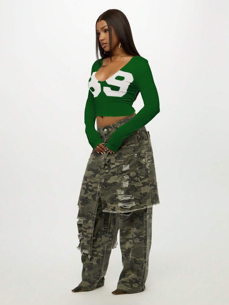 SUMWON WOMEN Long Sleeve Crop Top With Bow Print