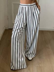 Livesso Women's Striped High Waist Wide Leg Loose Casual Pants, Winter - Black and White - View 3