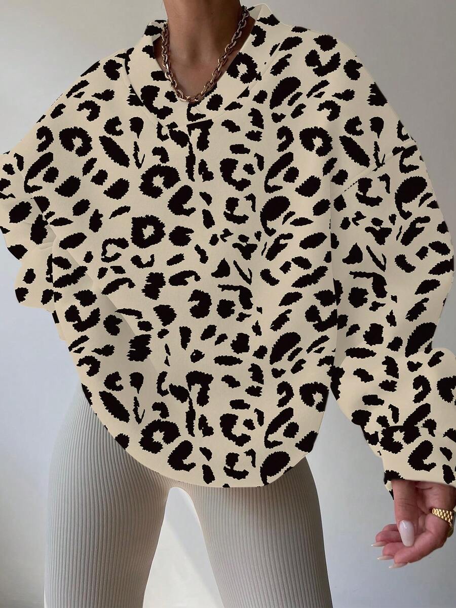 INAWLY Áo sweatshirt nữ tay dài, vai rớt, họa tiết da báo, dáng rộng thoải mái. - Nhiều màu - Xem 1