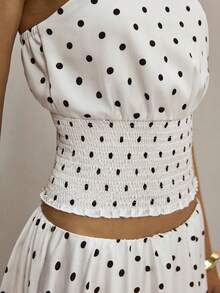 ATUI Studio Blusa elegante de un solo hombro con estampado de lunares para mujer - Blanco - Ver 4