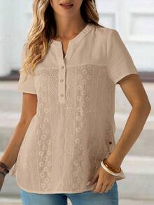 EMERY ROSE 女士夏季棉质刺绣V领短袖衬衫 - 杏色 - 查看 7