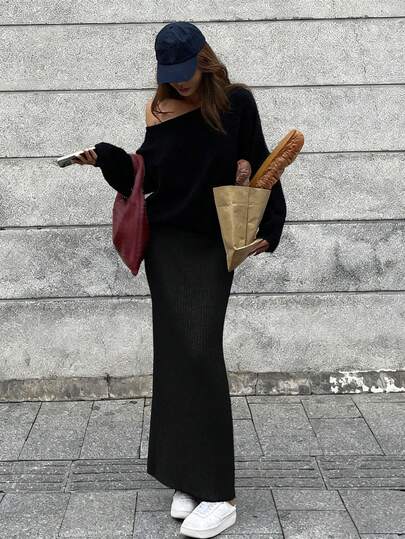 Livesso 女士休闲商务宽松斜领纯色针织上衣搭配直筒裤两件套，优雅的办公室着装，适合秋冬春季穿着。