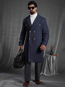 Manfinity CasualCool 男士翻领双排扣休闲羊毛混纺藏蓝色大衣，适合教堂、老钱阶层、日常休闲、周末旅行、户外活动、探险旅行、轻松的工作环境或半正式场合，也是送给男友/丈夫、周年纪念日/生日、派对、圣诞节、新年、婚礼等场合的理想礼物。 - 藏蓝色 - 查看 4