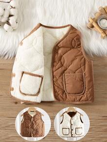 SHEIN Unisex Baby Casual All-Match Reversible Cotton Padded Vest Jacket, Suitable For Autumn/Winter Wear, Indoor And Outdoor Baby Coats - Khaki - View 10