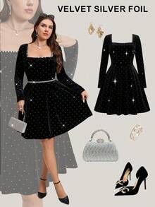 SHEIN LUNE Váy dài tay cổ vuông nhung ánh kim vàng, váy dự tiệc ngắn thanh lịch, váy dạ hội cổ đính ngọc trai - màu đen - Xem 9