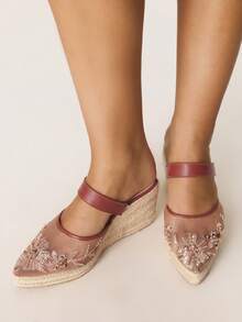Styleloop Sandalias de plataforma con cuña de malla marrón, bordadas y tejidas con cuerda, adecuadas para fiestas, bodas, uso diario y vacaciones - Marrón - Ver 3