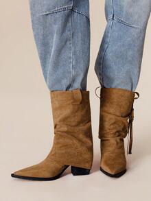 Styleloop Vintage Western Style Pointed Toe Chunky Heel Ankle Boots For Christmas - Brown - View 6