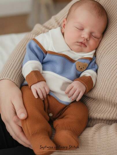 Cozy Pixies Pelele de punto con estampado de oso de dibujos animados, bloques de color, rayas y textura de retazos para recién nacidos