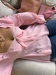 Vibekara Xuân, Hạ, Thu, Nơ Mới Ngọt Ngào Thanh Lịch Vải Ren Họa Tiết Trang Trí Tay Phồng Áo Cánh Nữ, Thắt Eo Áo Sơ Mi Ngắn Không Đối Xứng - Hồng - Xem 6