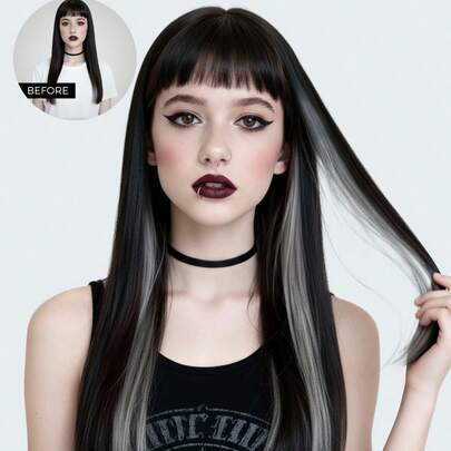 ROMWE Grunge Punk Colored Clip In Hair Extensions 100% Real Human Hair 18 Inch 3Pcs Grey Invisible Straight Highlight Colorful Hairpieces Rainbow Hair Extension For Women/Girls