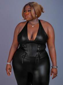 CurvyTilda Damen Große Größen einfarbiges, simples, lässiges Pu-Leder-Trägershirt mit Ösen-Dekor und Krawatte, Y2K Ausgeh-Oberteil mit Burgunder V-Ausschnitt und Off-Shoulder Design