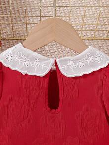 SHEIN Baby Girls' Ruffle Collar Puff Sleeve A-Line Dress Red And White Summer Cute Elegant Birthday Party Gown With Side Pleats Infant Fashion Photo Shoot - Red - View 5